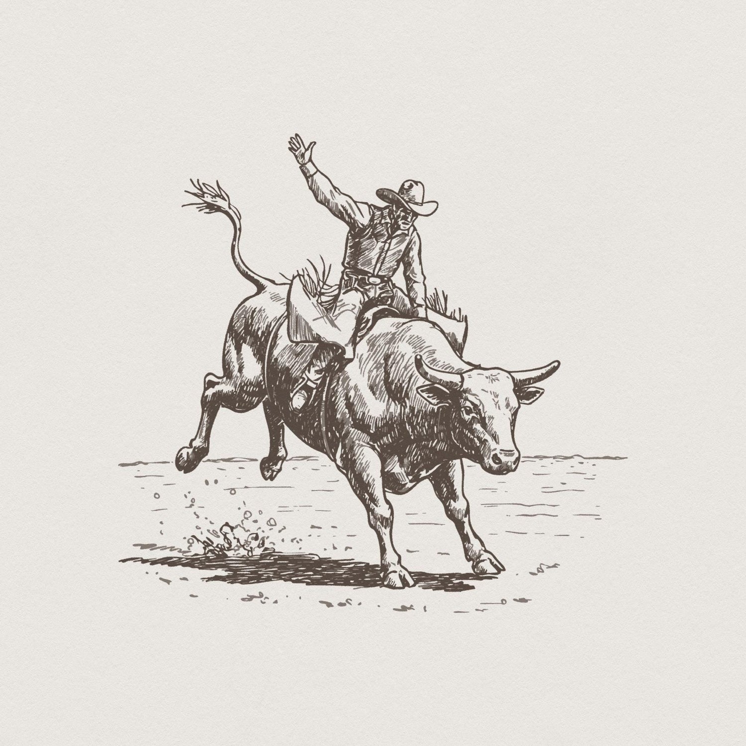 Detailed vintage-style line art of a cowboy riding a bucking bull, perfect for western-themed apparel and sublimation projects.