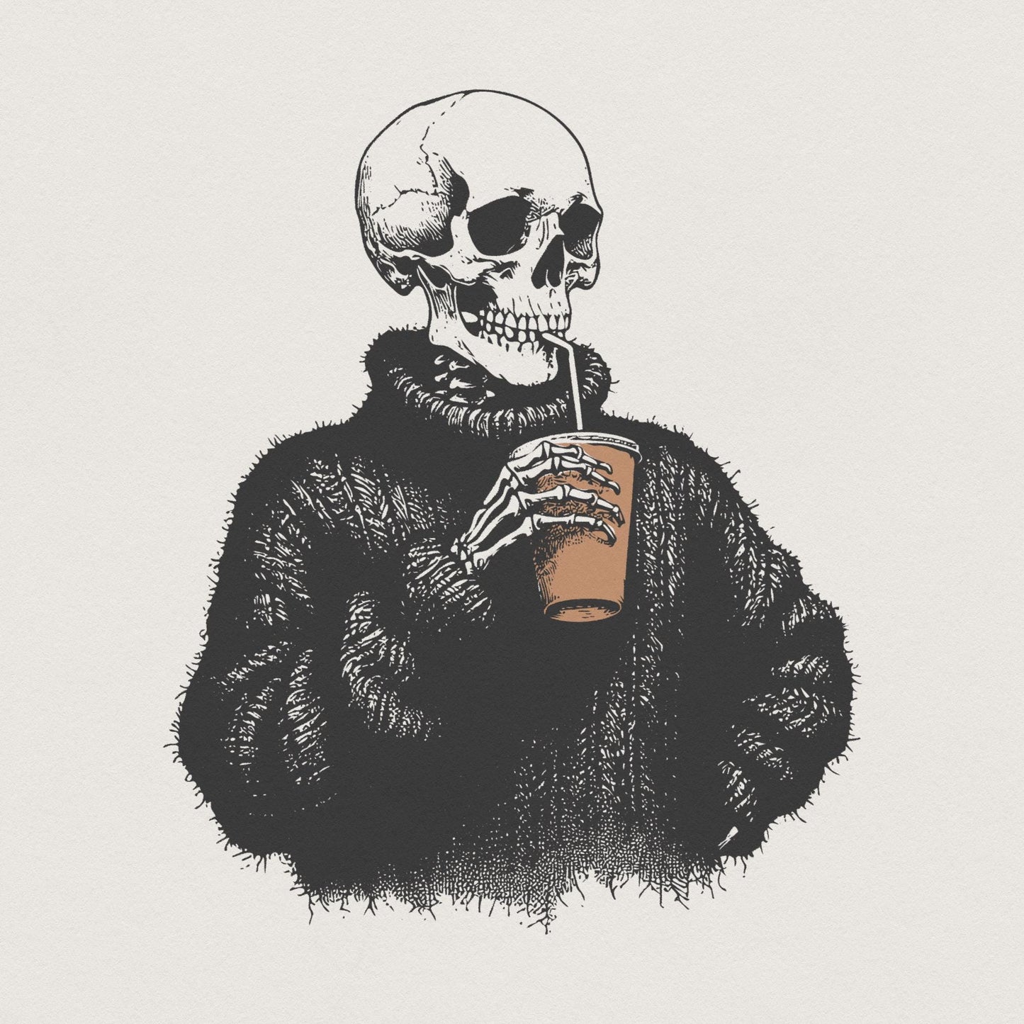 Vintage Skull Drinking Coffee PNG, Sarcastic Skeleton Design - 300 DPI
