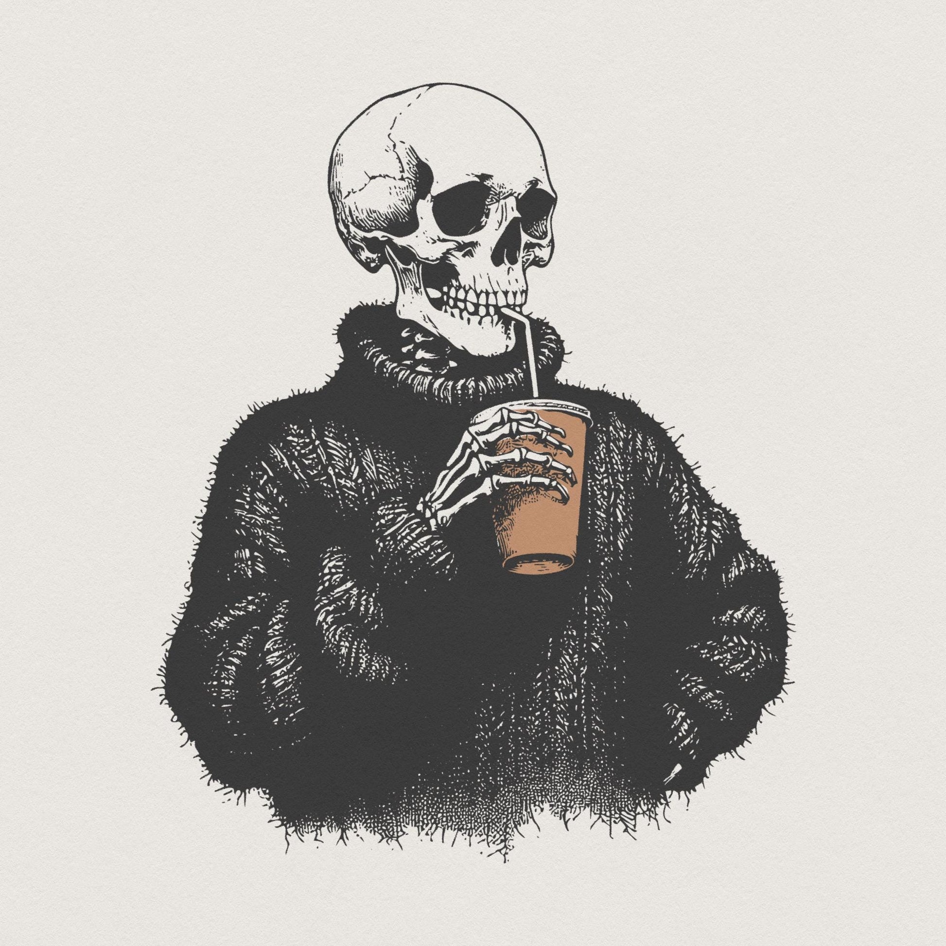 Vintage Skull Drinking Coffee PNG, Sarcastic Skeleton Design - 300 DPI