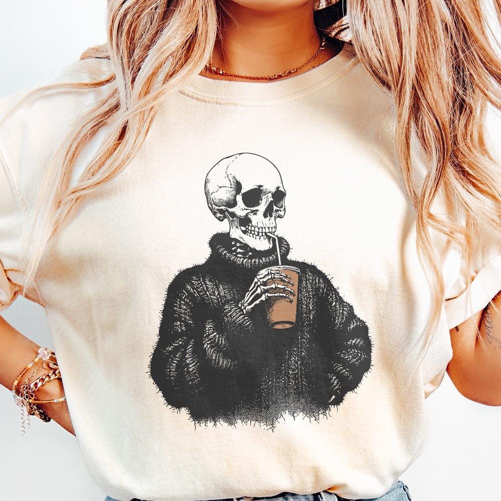 Vintage Skull Drinking Coffee PNG, Sarcastic Skeleton Design - 300 DPI