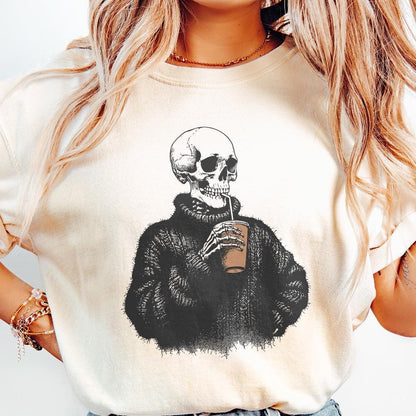 Vintage Skull Drinking Coffee PNG, Sarcastic Skeleton Design - 300 DPI
