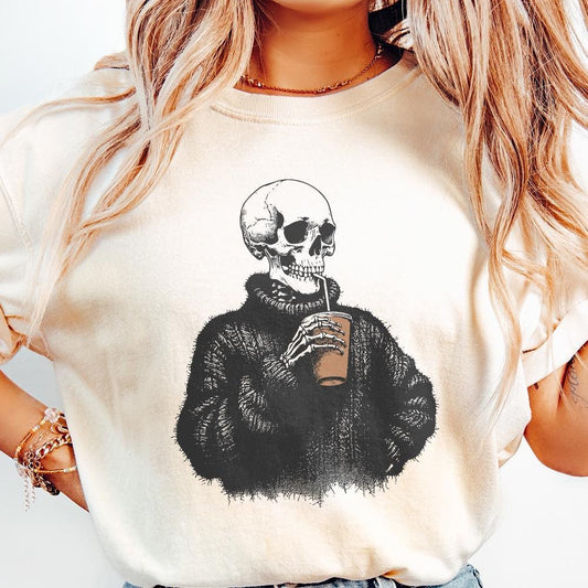 Vintage Skull Drinking Coffee PNG, Sarcastic Skeleton Design - 300 DPI