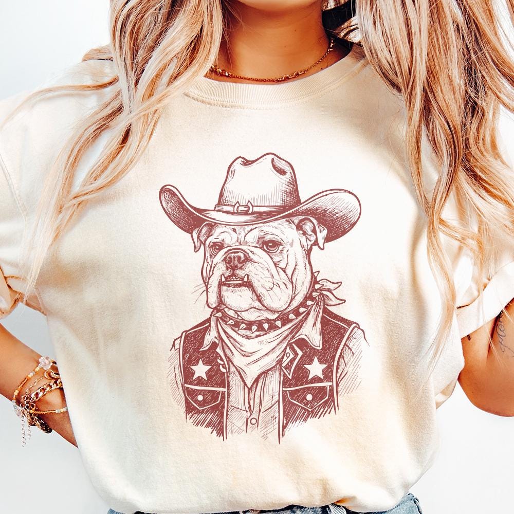 Cowboy Bulldog PNG, Western Dog Illustration - 300 DPI Design for T-Shirt