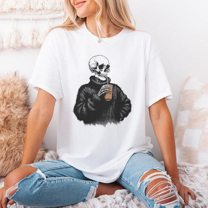 Vintage Skull Drinking Coffee PNG, Sarcastic Skeleton Design - 300 DPI