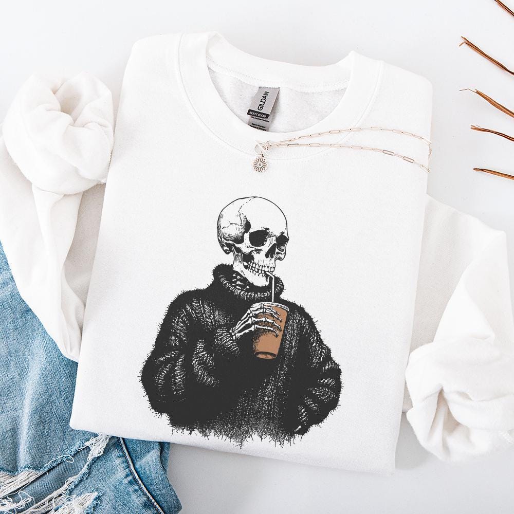 Vintage Skull Drinking Coffee PNG, Sarcastic Skeleton Design - 300 DPI