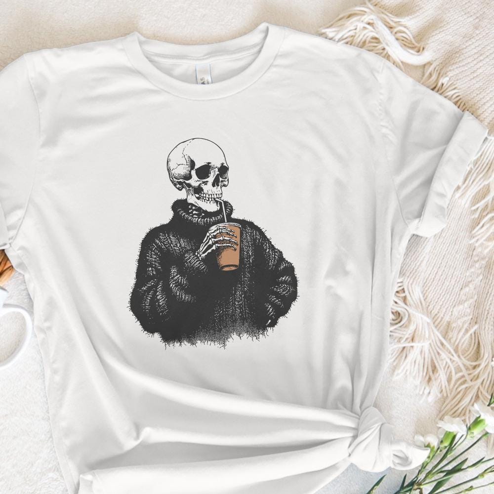 Vintage Skull Drinking Coffee PNG, Sarcastic Skeleton Design - 300 DPI