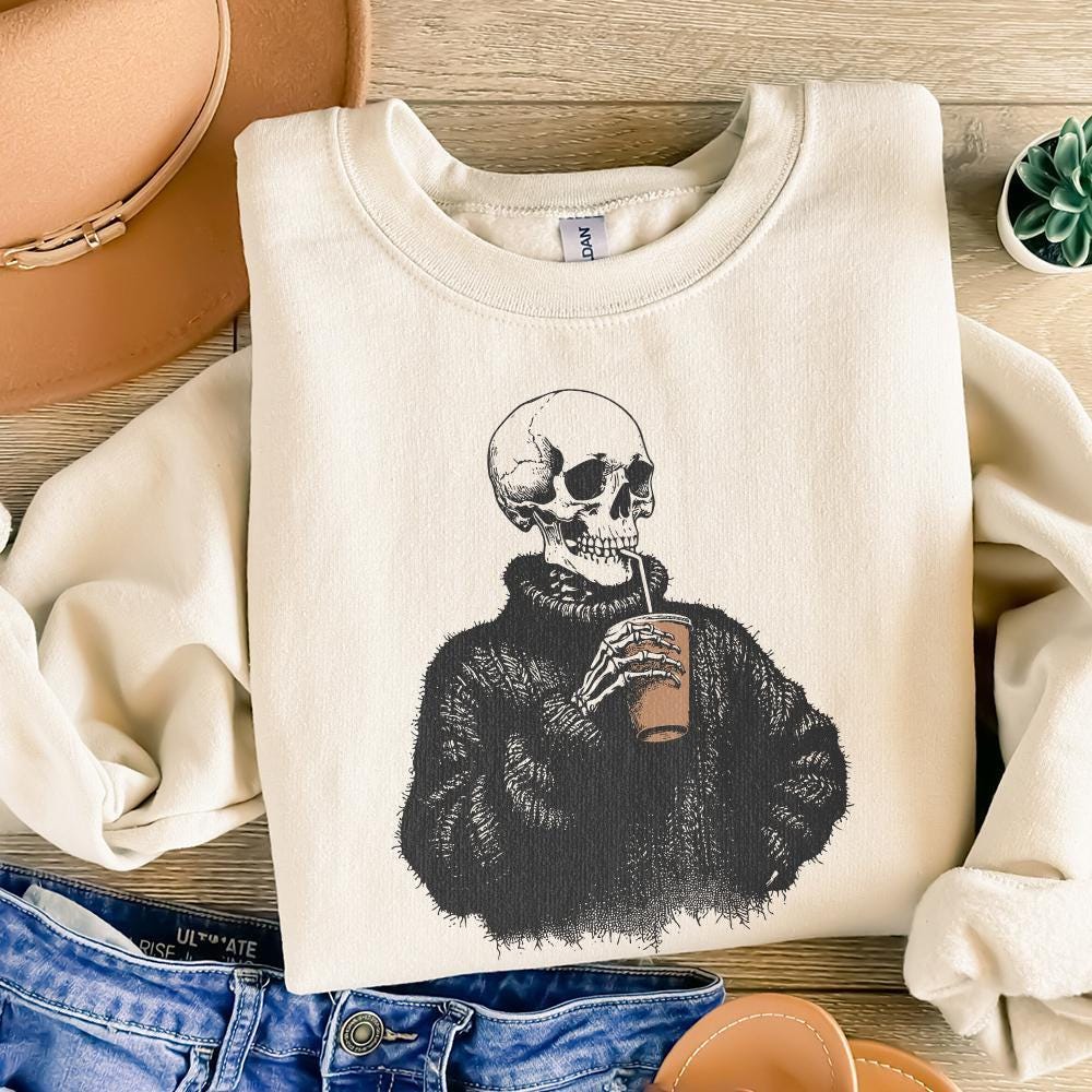 Vintage Skull Drinking Coffee PNG, Sarcastic Skeleton Design - 300 DPI