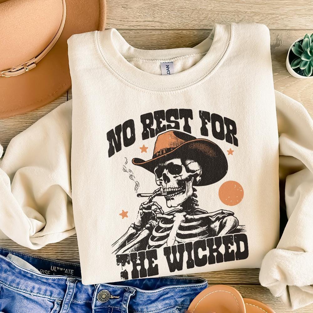 No Rest for the Wicked PNG, Western Cowboy Skull Design PNG - 300 DPI