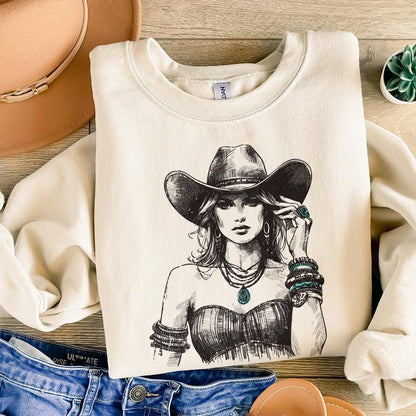 Stylish Vintage Western Cowgirl PNG Art - Boho Chic Rodeo Woman