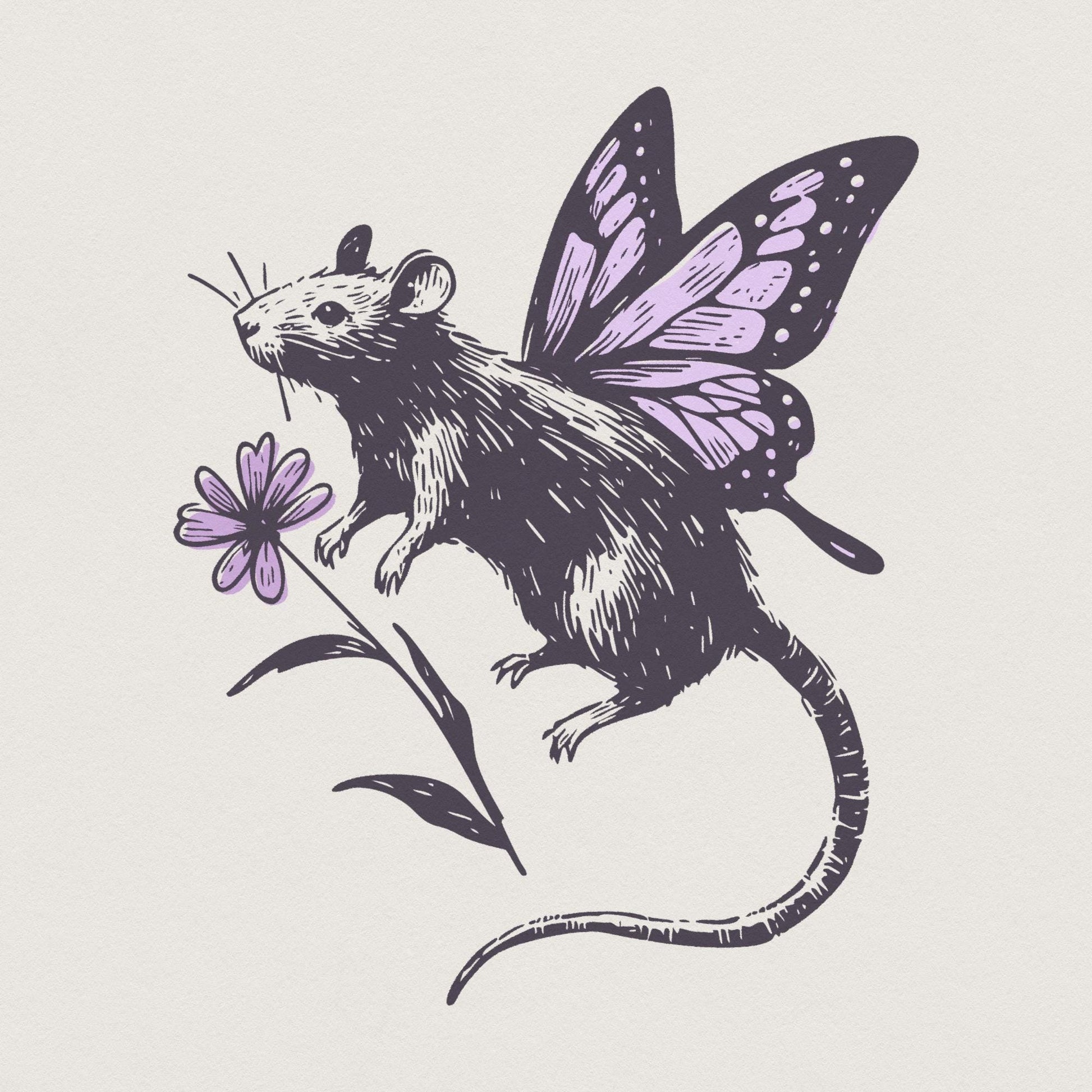Whimsical fairy core rat illustration with purple butterfly wings and a small flower, vintage hand-drawn style on a neutral background.