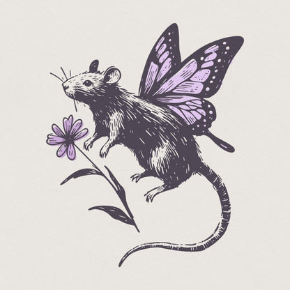 Whimsical fairy core rat illustration with purple butterfly wings and a small flower, vintage hand-drawn style on a neutral background.