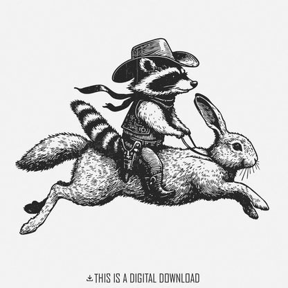 Cowboy Raccoon Riding Rabbit PNG, Funny Western Adventure - 300 DPI