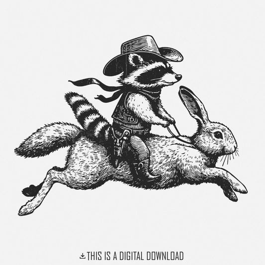 Cowboy Raccoon Riding Rabbit PNG, Funny Western Adventure - 300 DPI
