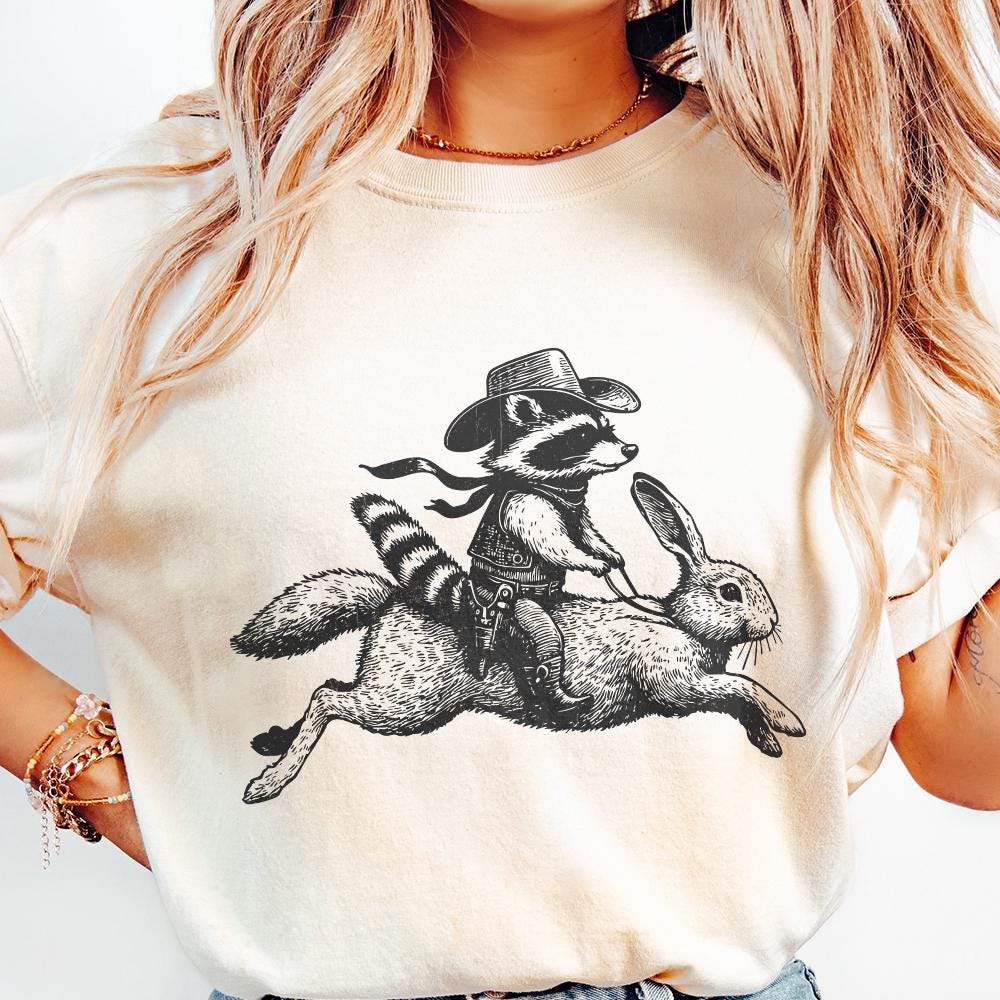 Cowboy Raccoon Riding Rabbit PNG, Funny Western Adventure - 300 DPI