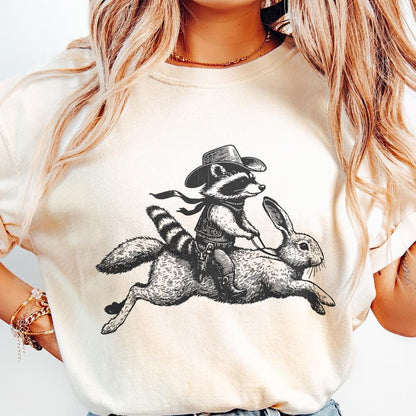 Cowboy Raccoon Riding Rabbit PNG, Funny Western Adventure - 300 DPI