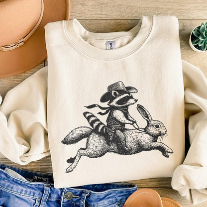 Cowboy Raccoon Riding Rabbit PNG, Funny Western Adventure - 300 DPI
