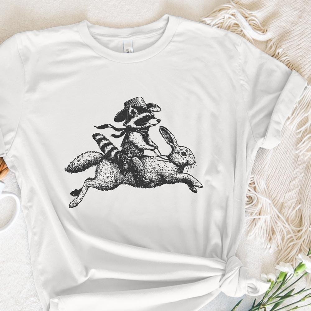 Cowboy Raccoon Riding Rabbit PNG, Funny Western Adventure - 300 DPI