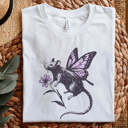 Whimsical rodent with butterfly wings and a purple flower, a versatile digital design for DIY gifts, scrapbooking, and print-on-demand.