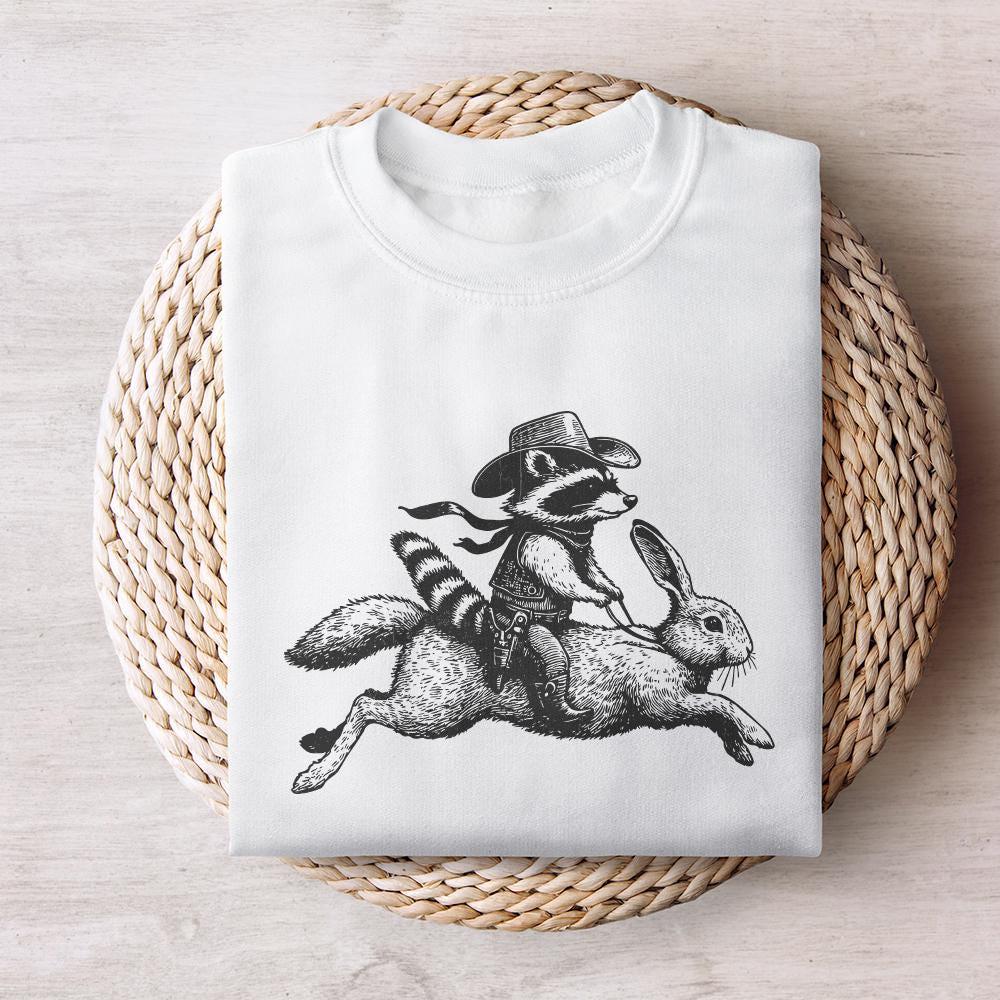 Cowboy Raccoon Riding Rabbit PNG, Funny Western Adventure - 300 DPI