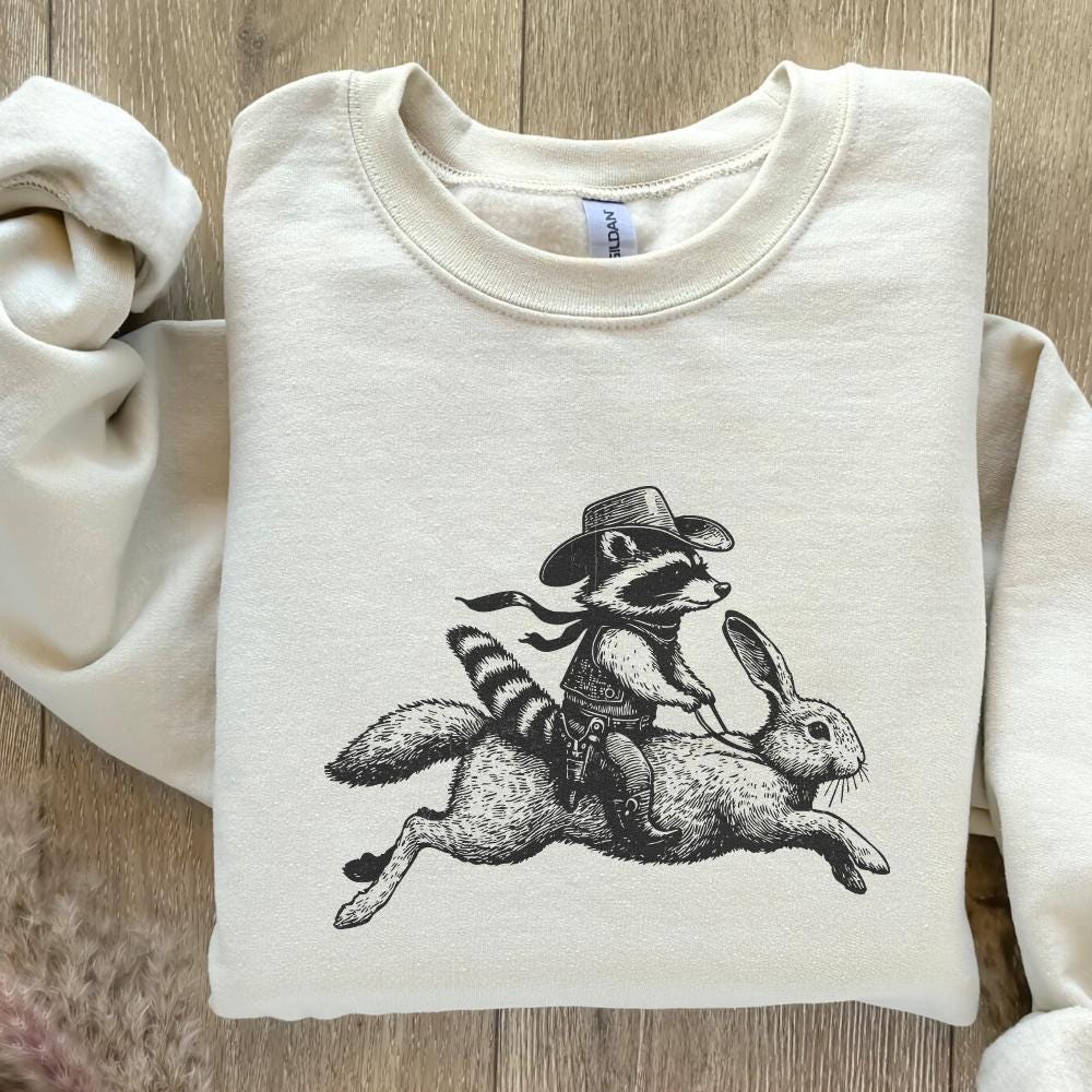 Cowboy Raccoon Riding Rabbit PNG, Funny Western Adventure - 300 DPI