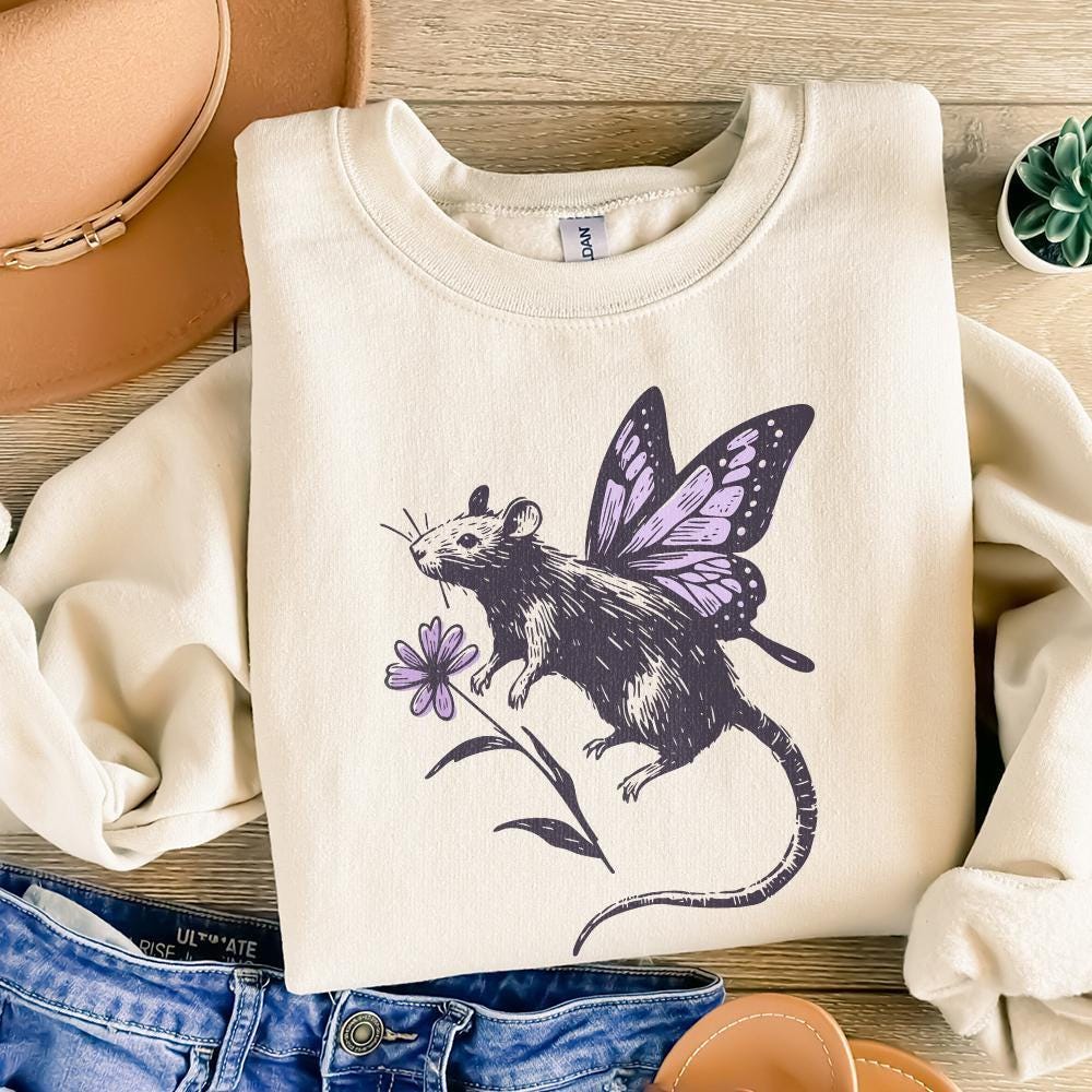 Retro inspired fairy rat design with delicate butterfly wings and a purple flower, perfect for apparel printing and creative DIY projects.