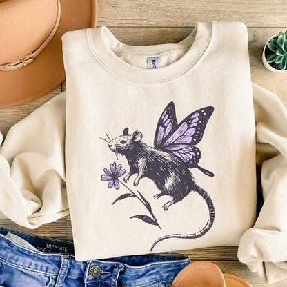 Retro inspired fairy rat design with delicate butterfly wings and a purple flower, perfect for apparel printing and creative DIY projects.