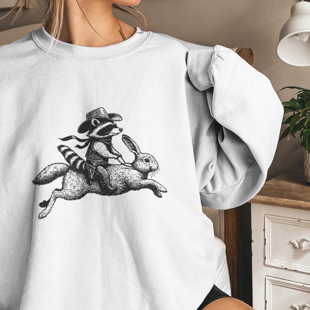 Cowboy Raccoon Riding Rabbit PNG, Funny Western Adventure - 300 DPI