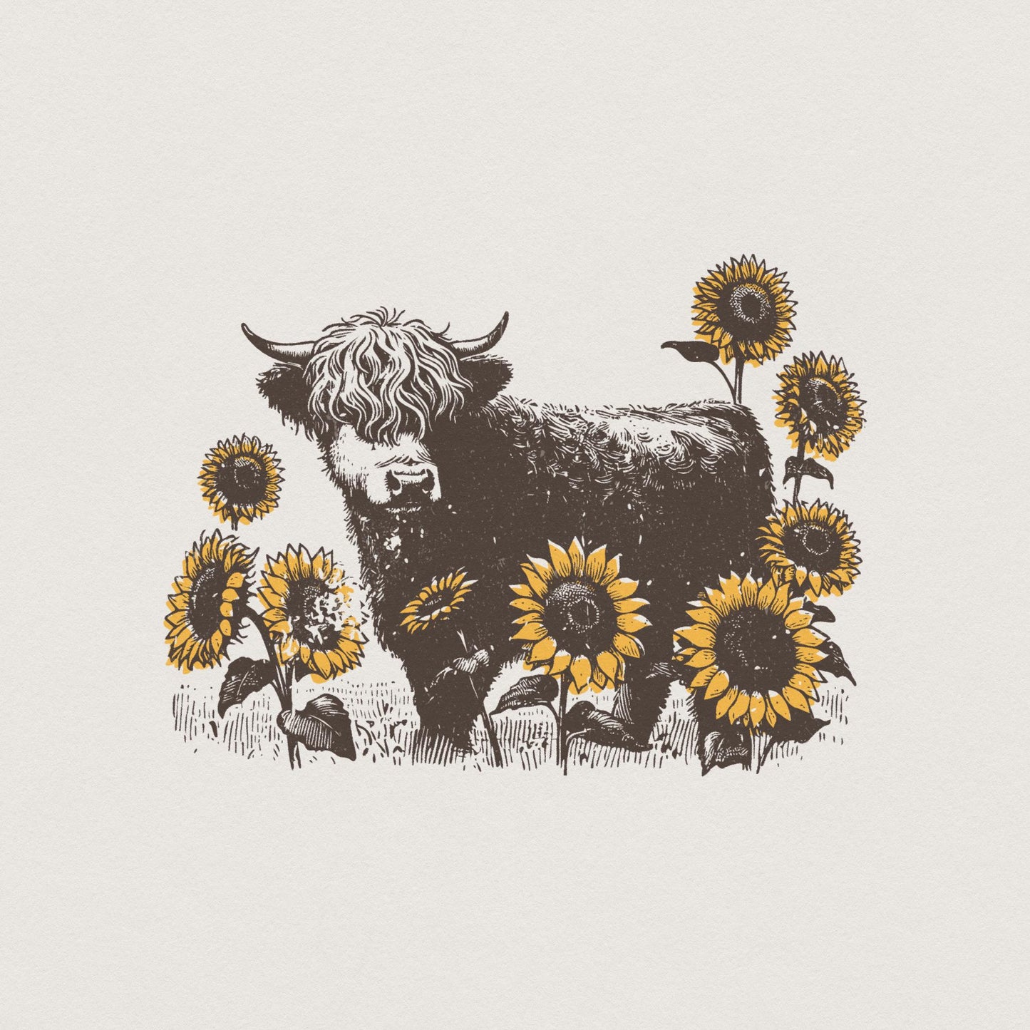 Highland Cow PNG Sunflowers Clipart, Farm Animal Sublimation Design - 300