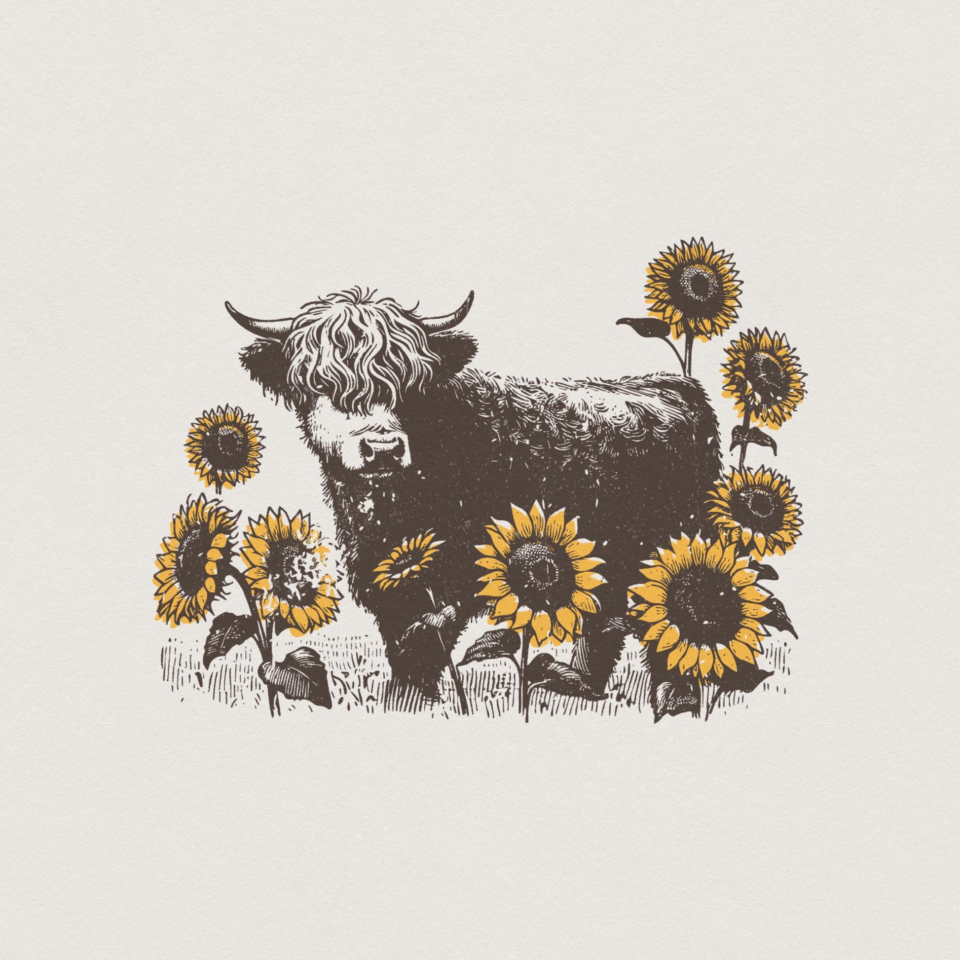 Highland Cow PNG Sunflowers Clipart, Farm Animal Sublimation Design - 300