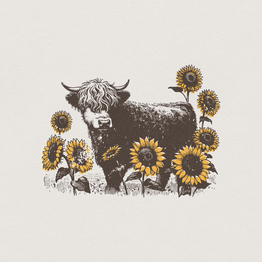 Highland Cow PNG Sunflowers Clipart, Farm Animal Sublimation Design - 300