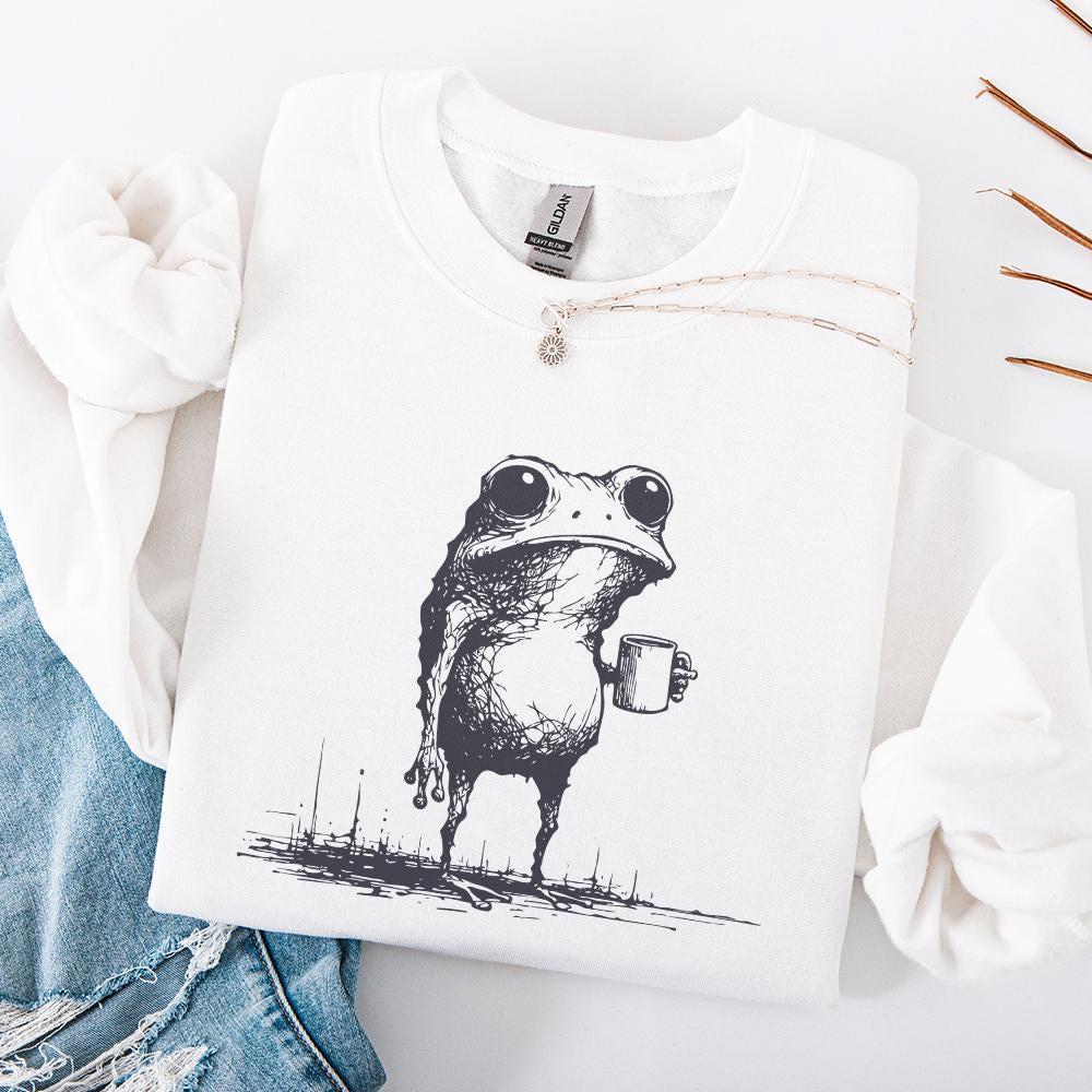 Sarcastic Frog with Coffee Cup PNG, Funny Animal Design - 300 DPI Design