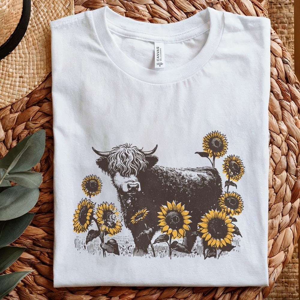 Highland Cow PNG Sunflowers Clipart, Farm Animal Sublimation Design - 300