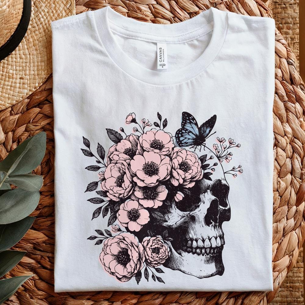 Floral Skull Clipart PNG, Skull Sublimation Art - 300 DPI Design for