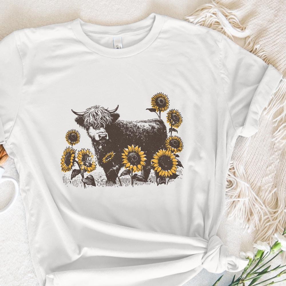Highland Cow PNG Sunflowers Clipart, Farm Animal Sublimation Design - 300