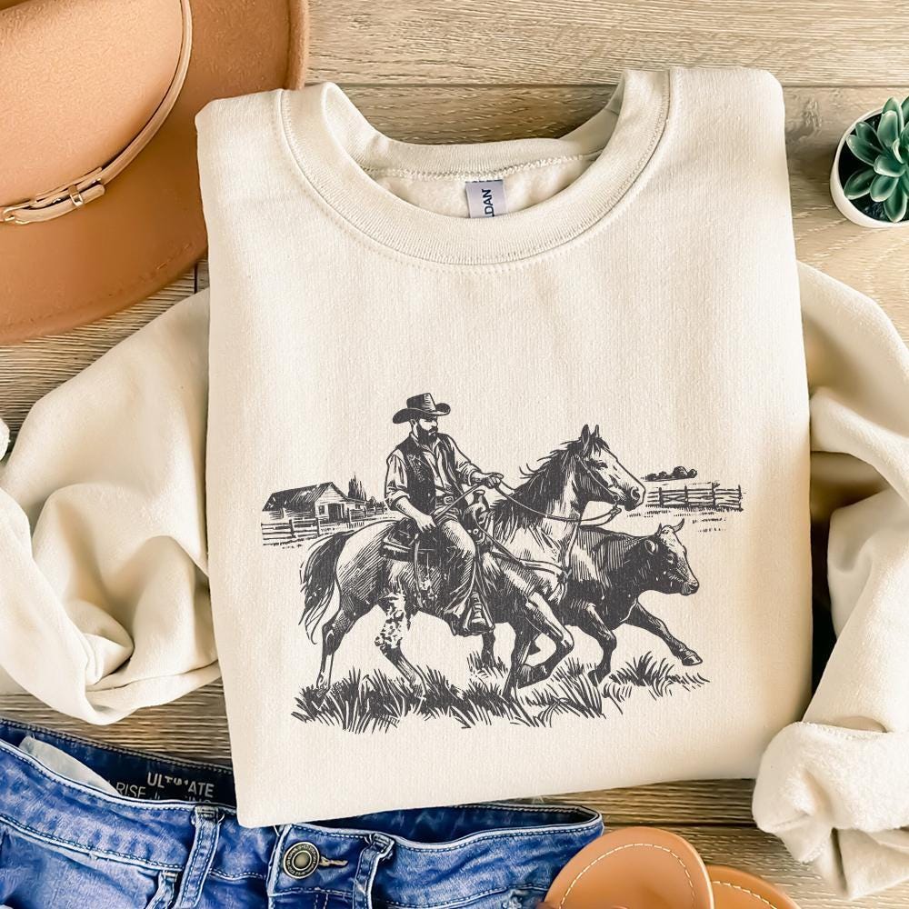 Vintage Cowboy Horse PNG Retro Wrangler Art Western Rodeo Cattle