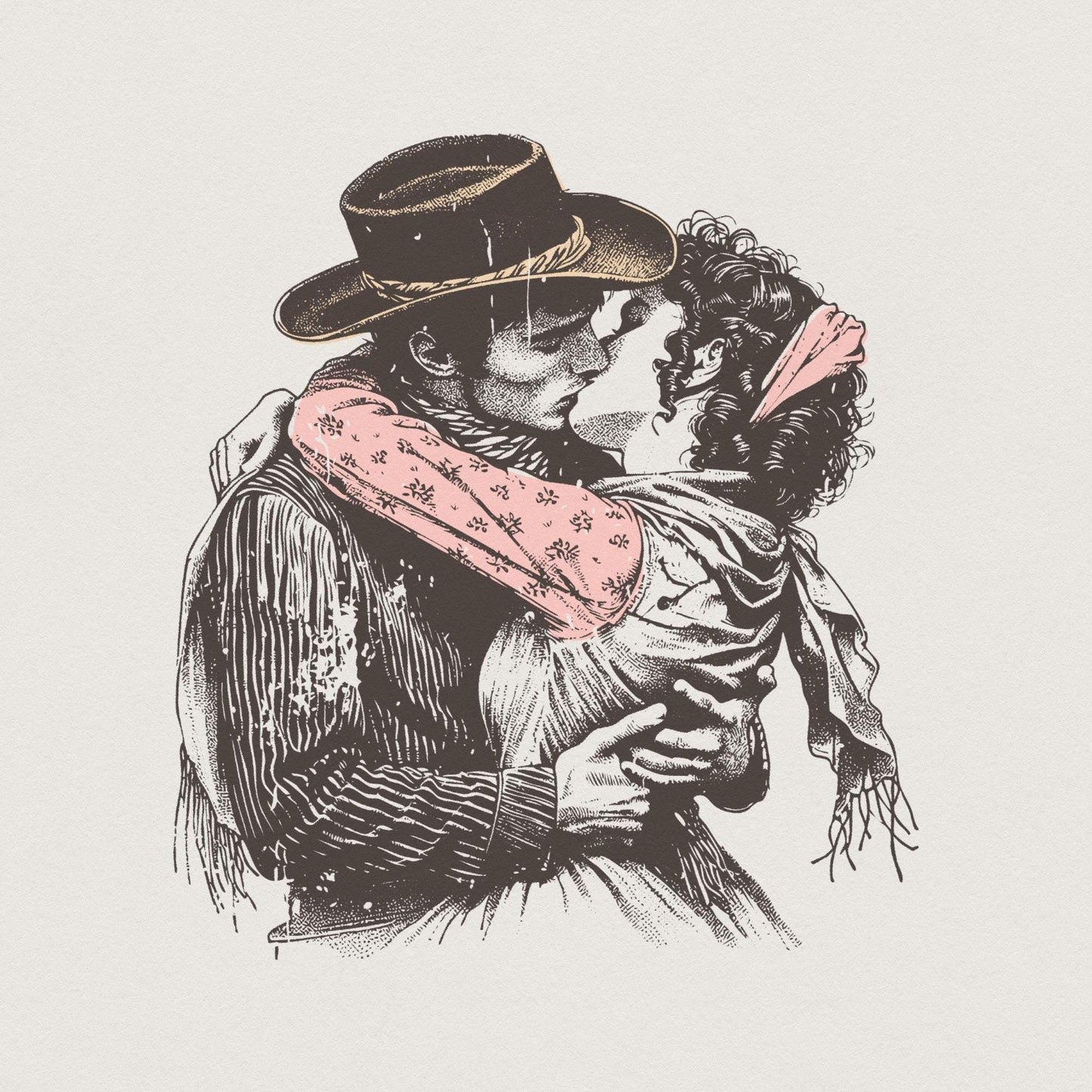 Retro Cowboy Cowgirl Kiss PNG, Vintage Illustration - 300 DPI Design for
