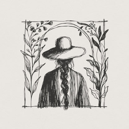 Rustic Boho Illustration PNG, Minimalist Cowgirl with Hat and Braids -
