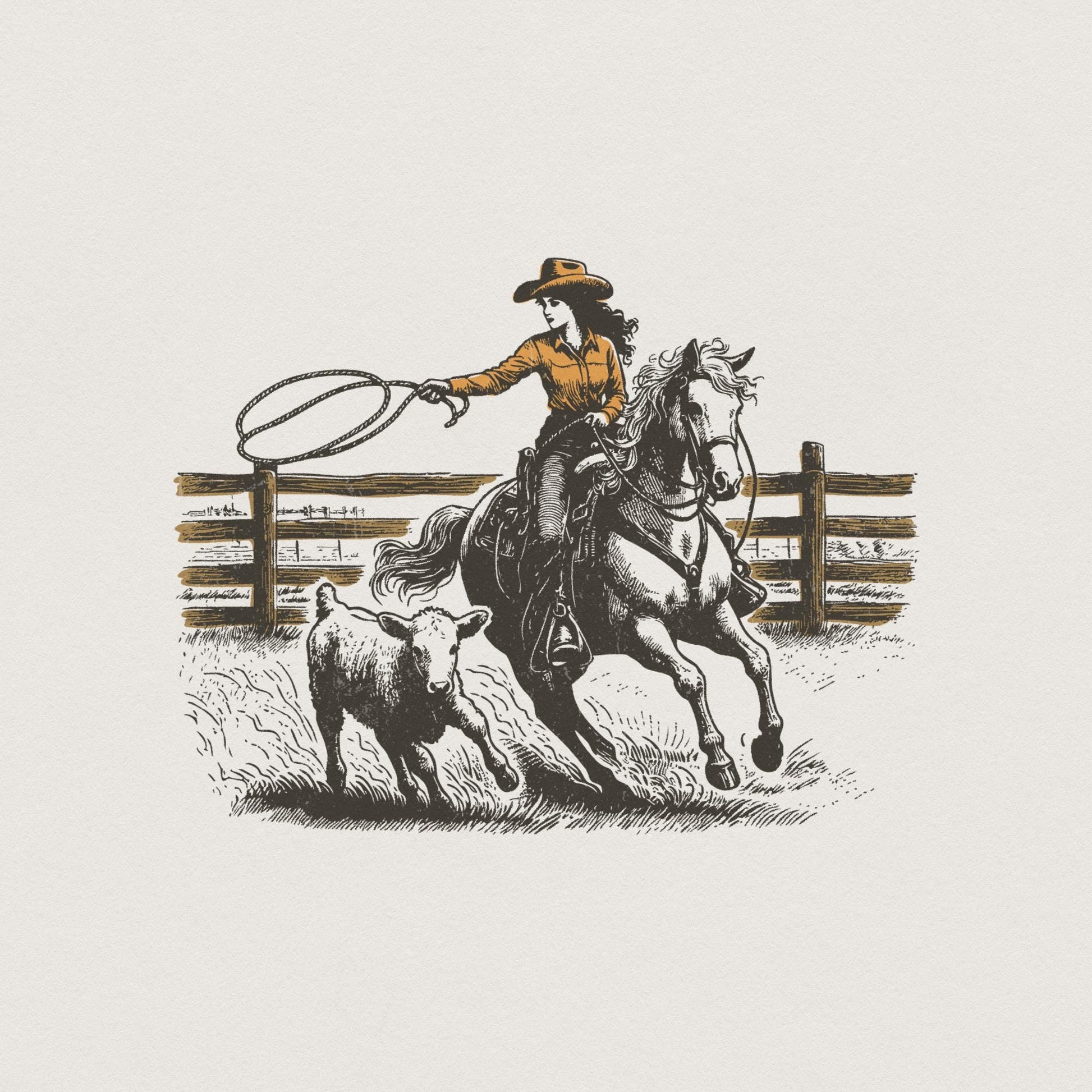 Retro Cowgirl Lasso PNG, Western Rodeo Art - 300 DPI Design for T-Shirt