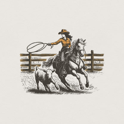 Retro Cowgirl Lasso PNG, Western Rodeo Art - 300 DPI Design for T-Shirt