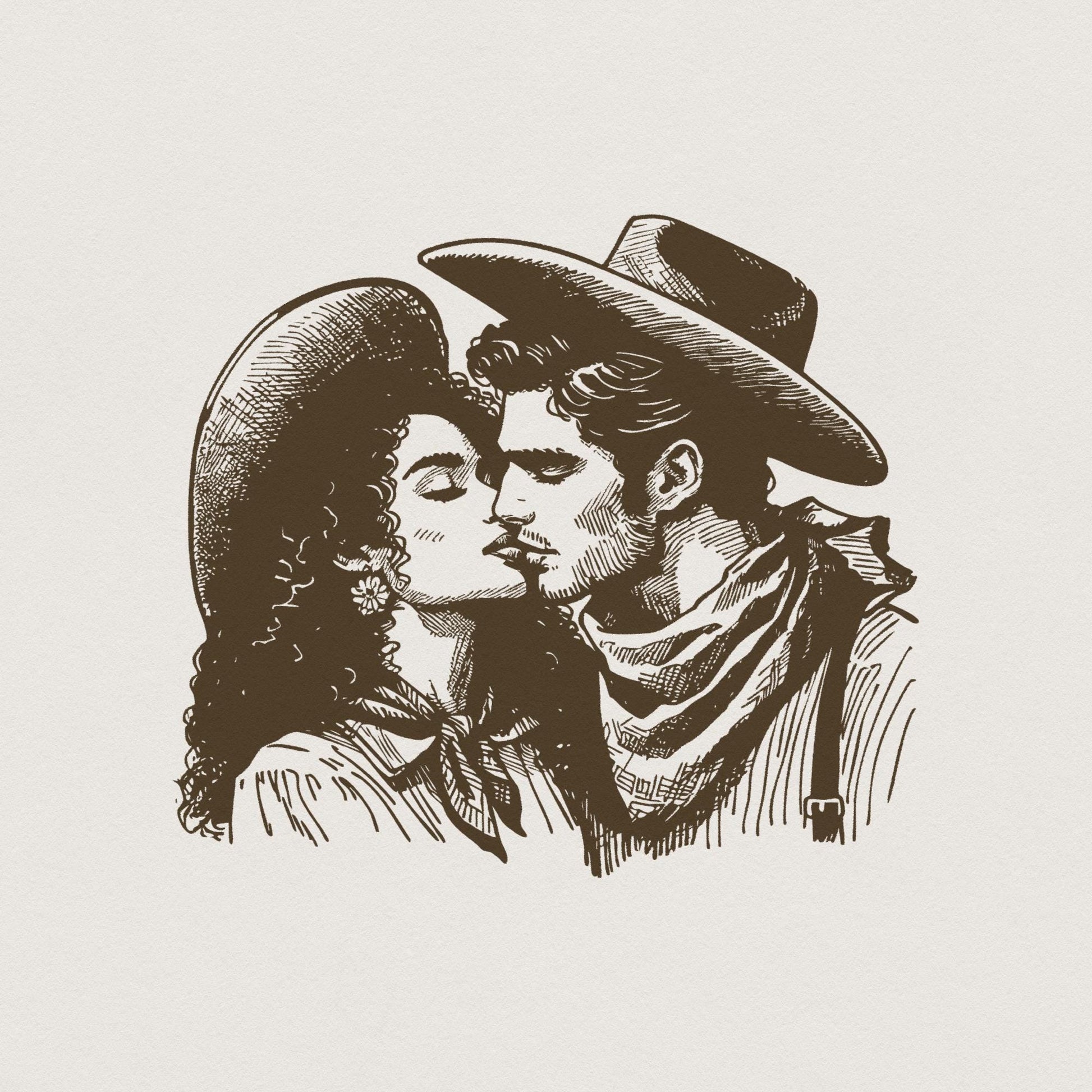 Western Cowboy Cowgirl Kiss PNG, Vintage Illustration - 300 DPI Design