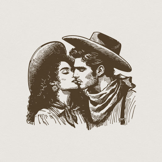 Western Cowboy Cowgirl Kiss PNG, Vintage Illustration - 300 DPI Design