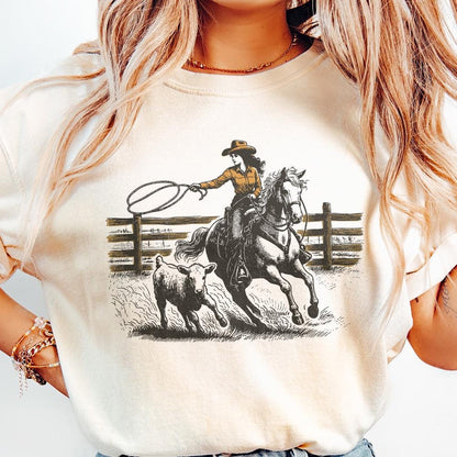Retro Cowgirl Lasso PNG, Western Rodeo Art - 300 DPI Design for T-Shirt