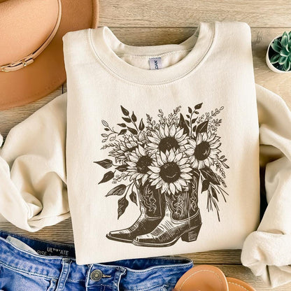 Sunflower Cowboy Boots png PNG, Retro Cowgirl Boot Clipart - 300 DPI