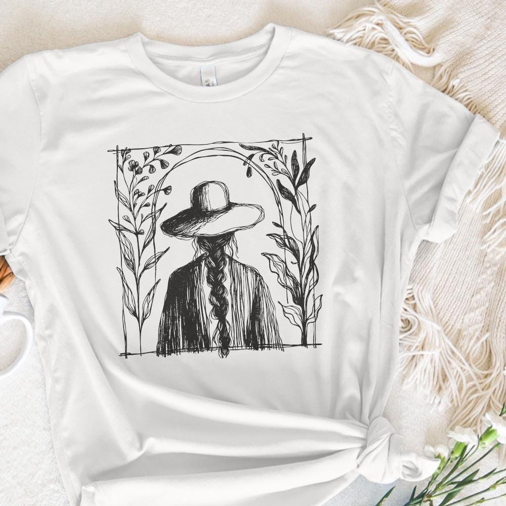 Rustic Boho Illustration PNG, Minimalist Cowgirl with Hat and Braids -