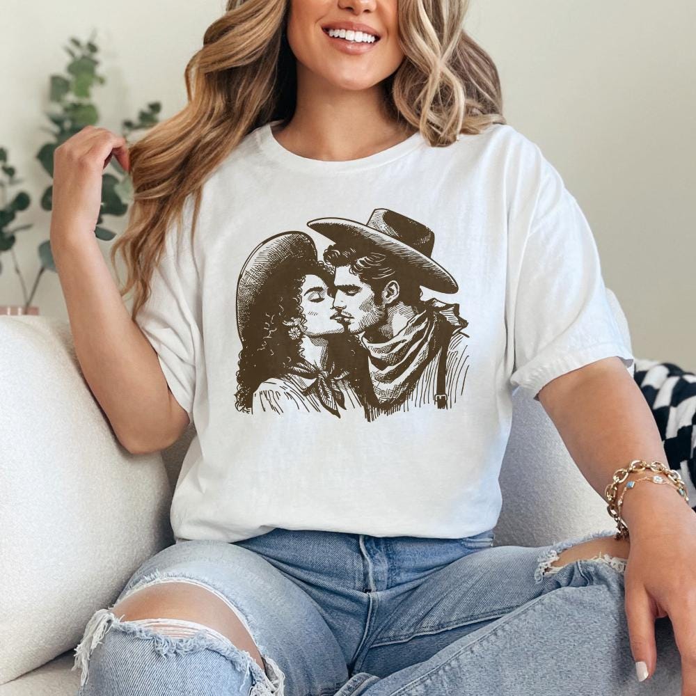Western Cowboy Cowgirl Kiss PNG, Vintage Illustration - 300 DPI Design