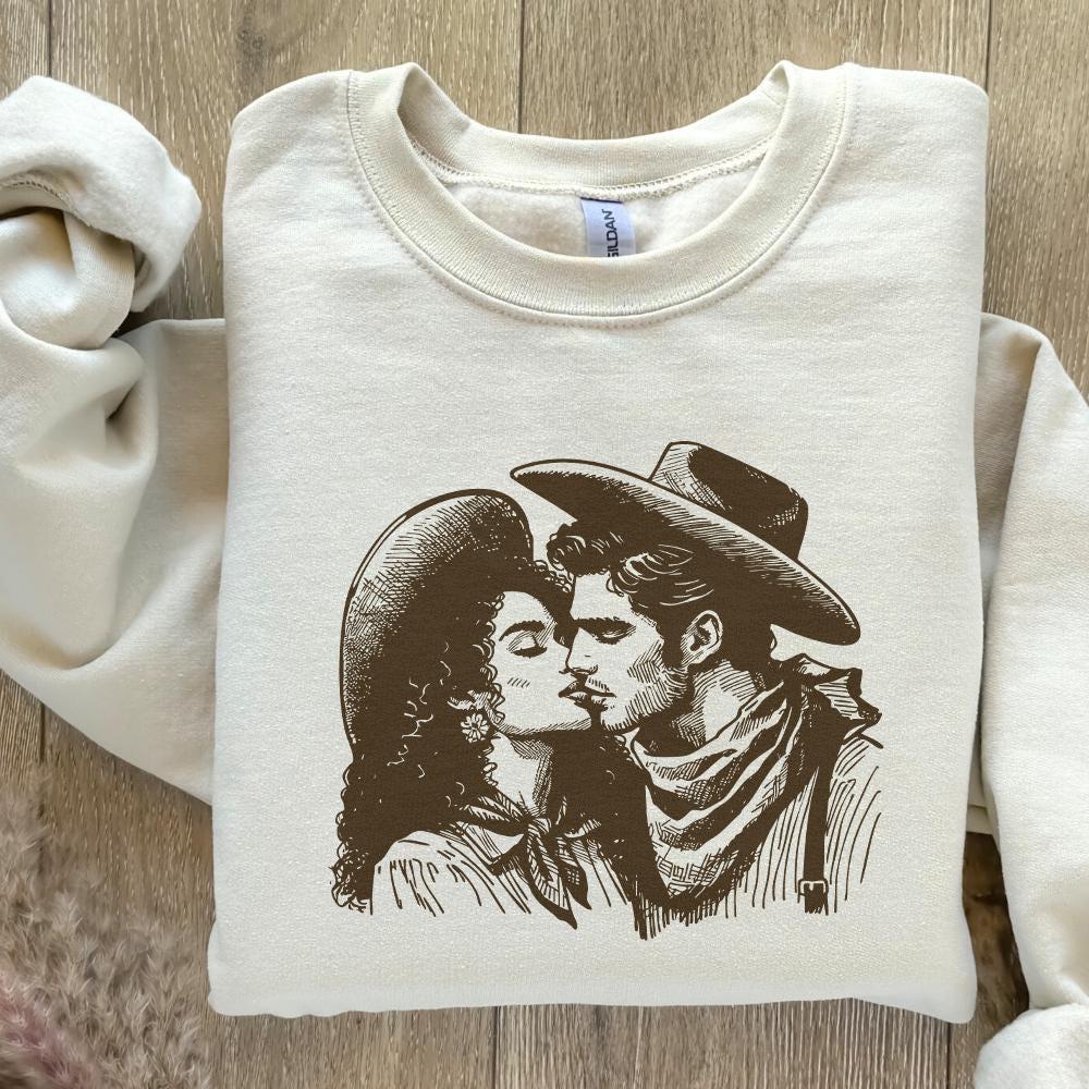 Western Cowboy Cowgirl Kiss PNG, Vintage Illustration - 300 DPI Design