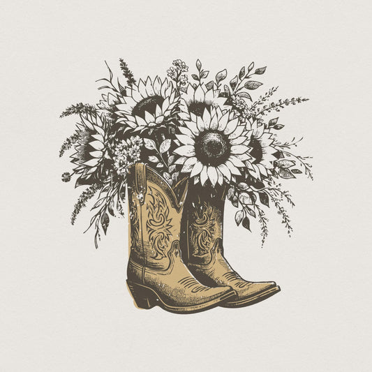 Sunflower Cowgirl Boots png PNG, Retro Cowgirl Boot Clipart - 300 DPI