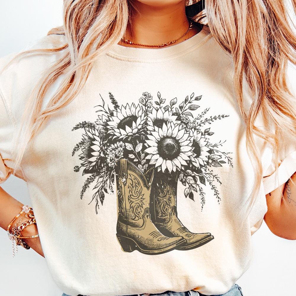 Sunflower Cowgirl Boots png PNG, Retro Cowgirl Boot Clipart - 300 DPI