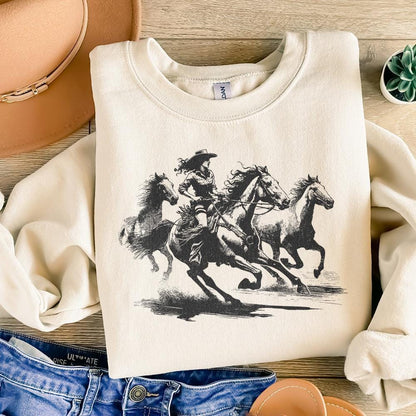 Cowgirl Horse Western PNG, Retro Wild Horses Sublimation - 300 DPI Design