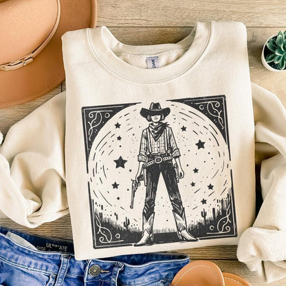 Retro Cosmic Cowgirl PNG for Print, Western Starry Night png - 300 DPI